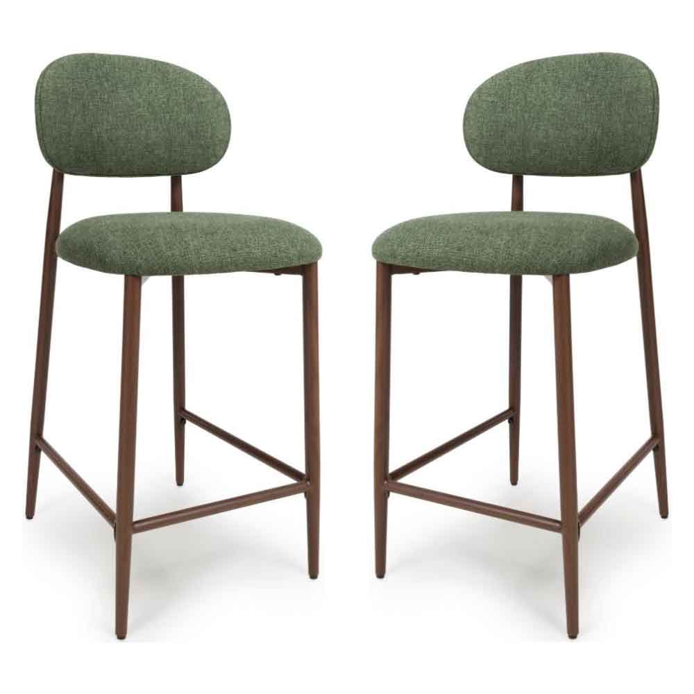 Eldoro Green Fabric Bar Chairs with Brown Legs in Pair
