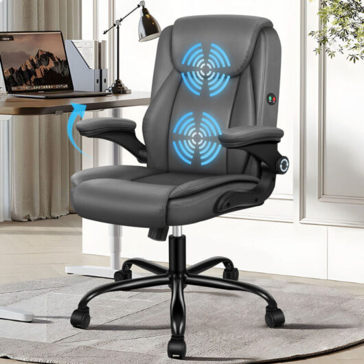 Elfordson - Massage Office Chair for Home, Executive Comfy Office Chairs with 90° Flip-up Armrests, Adjustable Height, Swivel, pu Leather, Grey