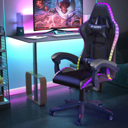 Ergonomic PU Leather Office Chair RGB LED RACING GAMING CHAIRwith Headrest and Lumbar Support Black