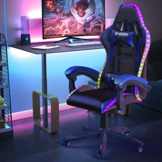 Ergonomic PU Leather Office Chair RGB LED RACING GAMING CHAIRwith Headrest and Lumbar Support Black + Blue