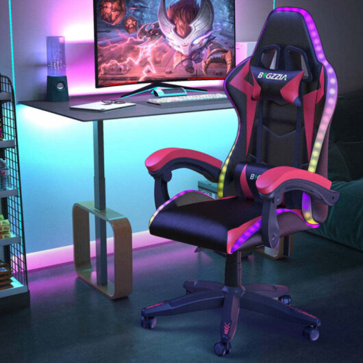 Ergonomic PU Leather Office Chair RGB LED RACING GAMING CHAIRwith Headrest and Lumbar Support Black + Red