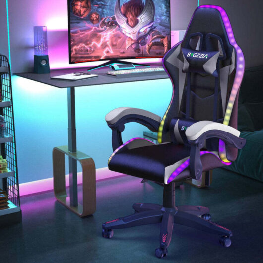 Ergonomic PU Leather Office Chair RGB LED RACING GAMING CHAIRwith Headrest and Lumbar Support Black + White