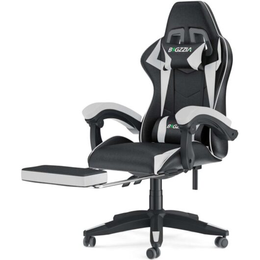 Ergonomic PU Leather Racing Gaming Chair with Footrest 155° Reclining Backrest Swivel Office Chair Black+ White