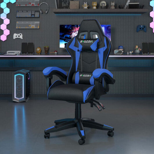 Ergonomic PU Leather Racing Gaming Chair with Headrest and Lumbar Pillow Swivel Office Chair Black + Blue