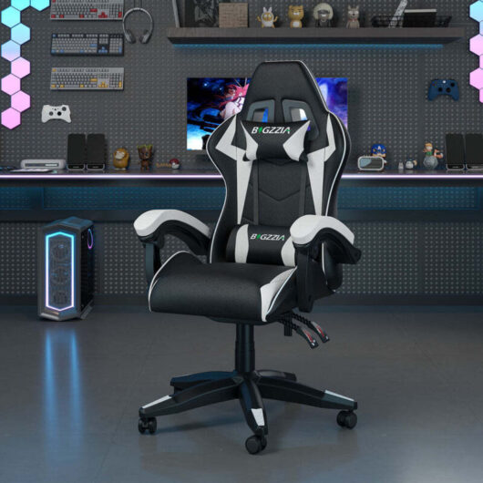 Ergonomic PU Leather Racing Gaming Chair with Headrest and Lumbar Pillow Swivel Office Chair Black + White