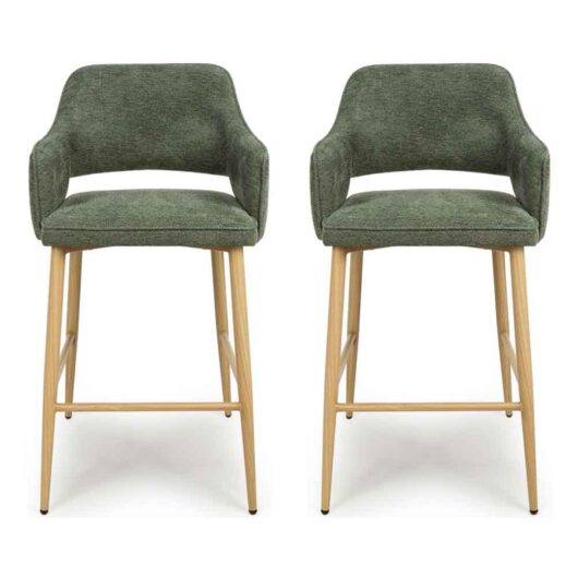 Eureka Green Fabric Bar Chairs with Oak Legs in Pair