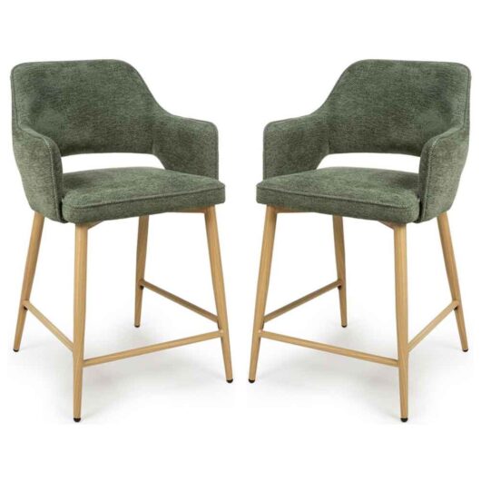 Eureka Green Fabric Counter Bar Chairs with Oak Legs in Pair