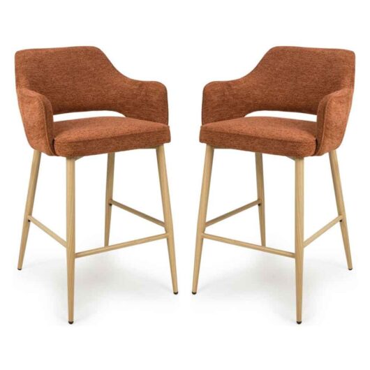 Eureka Rust Fabric Bar Chairs with Oak Legs in Pair