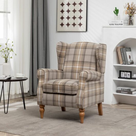 Furniture One - Wingback Chair Fireside High Back Armchair - Natural Check - Natural