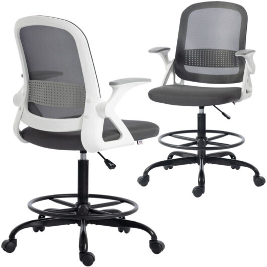 HOMCOM Mesh Painting Chair, Rolling Desk Chair with Flip-up Armrests, Grey
