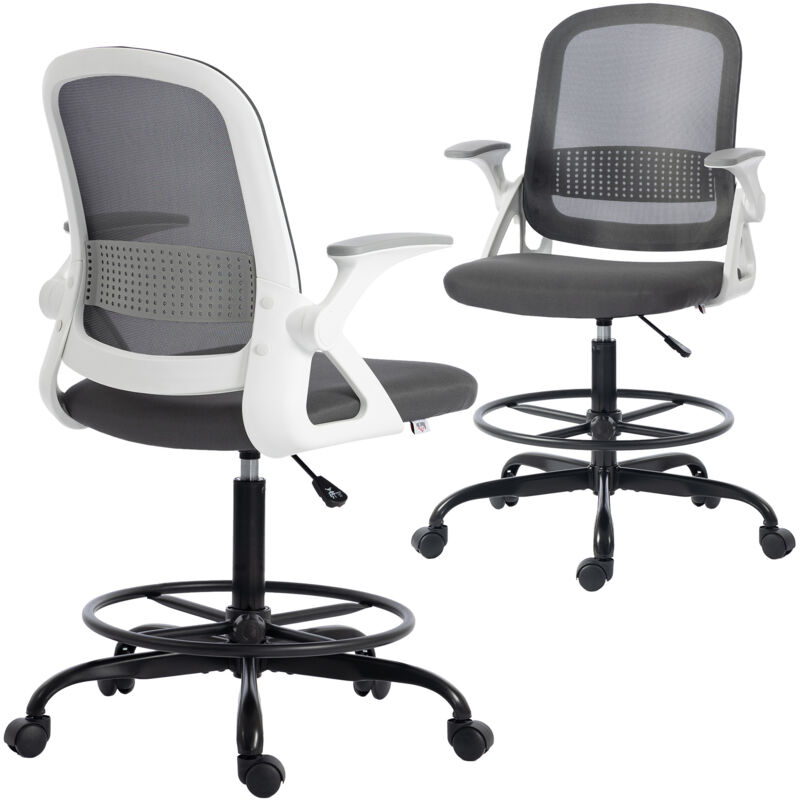 HOMCOM Mesh Painting Chair, Rolling Desk Chair with Flip-up Armrests, Grey