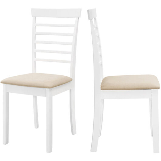 Hallowood Furniture - Ledbury White Painted Dining Chairs Set of 2 with Fabric Seat Pad in Warm Cream, Modern Solid Wooden Kitchen Chairs with Ladder