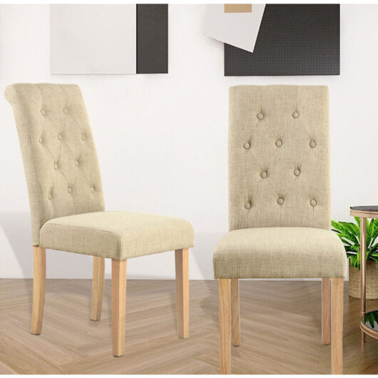 Hallowood Furniture - Premium Roll Top Linen Cream Fabric Dining Chairs Set of 2 with Solid Wooden Legs, Modern Buttoned Kitchen Neutral Dining