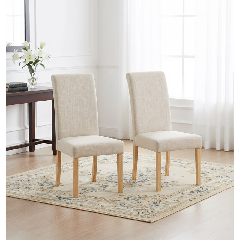 Hallowood Furniture Premium Roll Top Linen Cream Fabric Dining Chairs Set of 2 with Solid Wooden Legs, Modern Plain Back Neutral Upholstered Kitchen