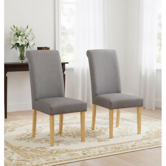 Hallowood Furniture Premium Roll Top Linen Grey Fabric Dining Chairs Set of 2 with Solid Wooden Legs, Modern Plain Back Neutral Upholstered Kitchen