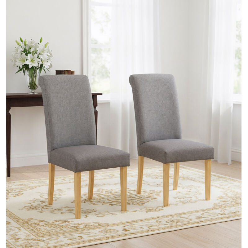 Hallowood Furniture Premium Roll Top Linen Grey Fabric Dining Chairs Set of 2 with Solid Wooden Legs, Modern Plain Back Neutral Upholstered Kitchen