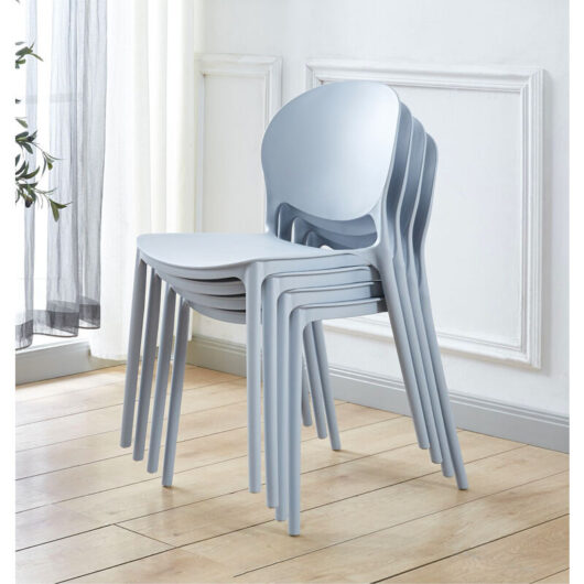 Hallowood Furniture - Stoker Plastic Stackable Dining Chairs Set of 4 in Light Grey, Modern Sturdy Stacking Chairs with Cutaway Backrest for Kitchen