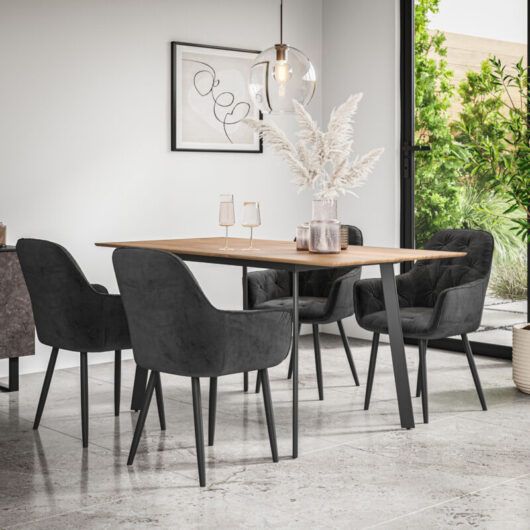 Haydon Extending Dining Table And Chairs - Oak Effect Table Top w Black Legs + Anika Velvet Dining Chair Set Of 4 (Black)