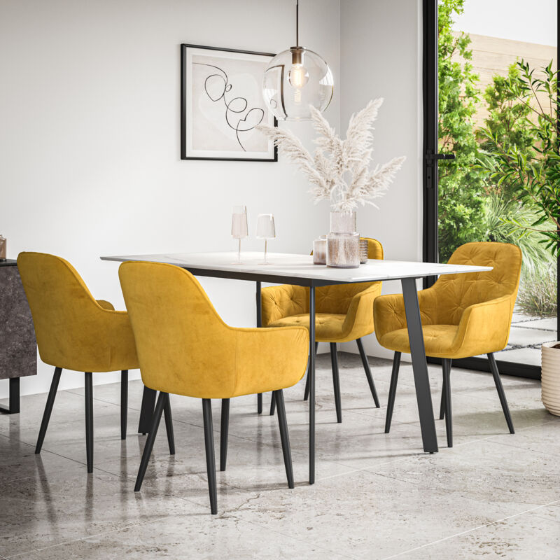Haydon Extending Dining Table + Chairs- White Marble Effect Table Top w Black Legs + Anika Velvet Dining Chair Set Of 6 (Mustard)