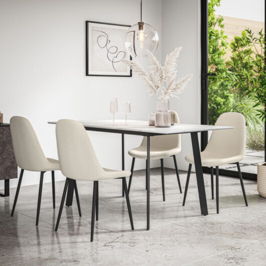 Haydon Extending Dining Table + Chairs- White Marble Effect Table Top w Black Legs + Maya Boucle Dining Chair Set Of 4 (Ivory White)