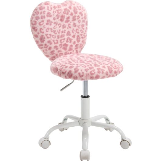 Kids Desk Chair in Soft Faux Fur Swivel Reading Chair with Love-like Backrest Height Adjustable for Children Study, Pink Leopard, Wahson