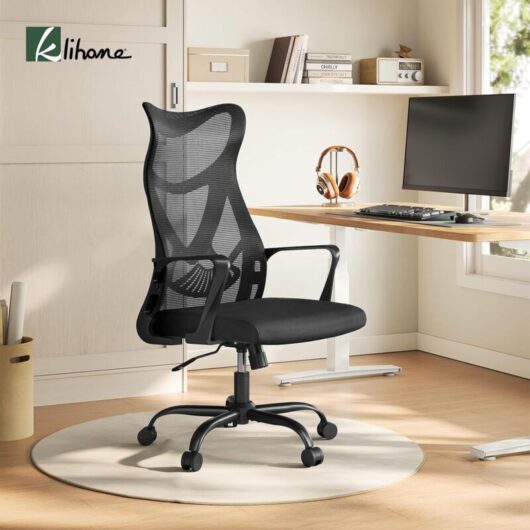 Klihome Adjustable Ergonomic Swivel Office Chair W/Wide Padded Seat Cushion - Mesh Black