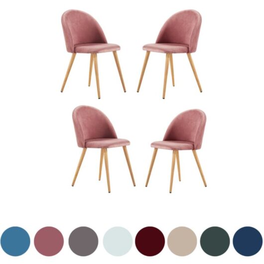 Life Interiors - Set of 4 Lucia Velvet Dining Room Chairs - Modern Dining Chairs Upholstery Curved Back w/ Wooden Legs - Rose