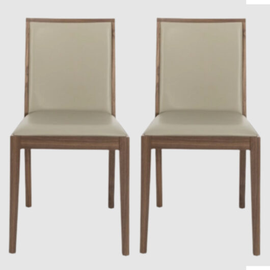 Lotus Walnut Wooden Dining Chairs With Stone Leather Seat In Pair