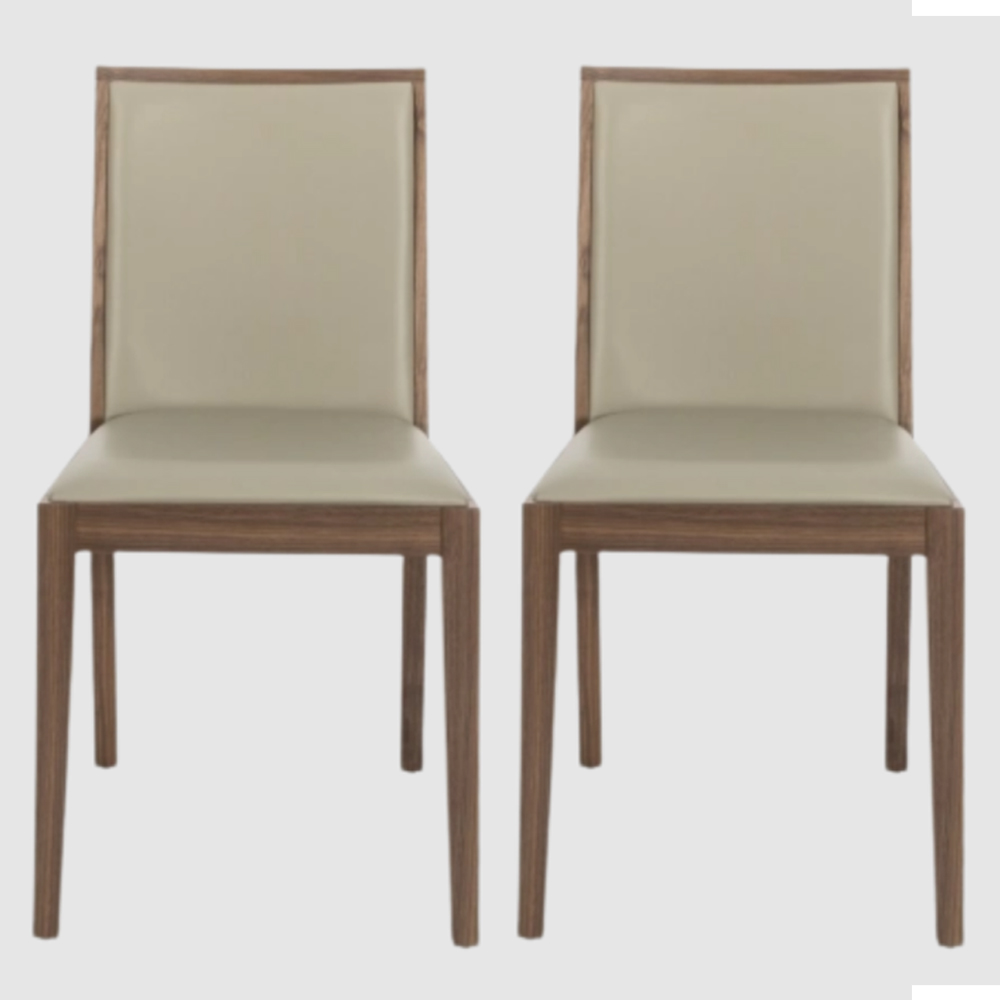 Lotus Walnut Wooden Dining Chairs With Stone Leather Seat In Pair