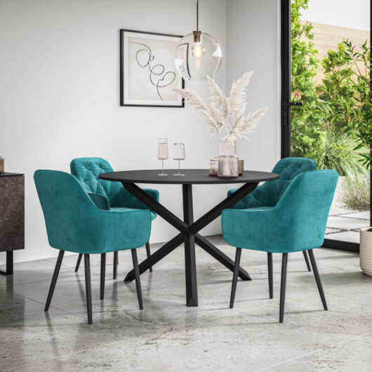 Malvern Round Dining Table And Chairs - Black Table Top w Solid Black Oak Legs + Anika Velvet Dining Chair Set Of 4 (Blue)