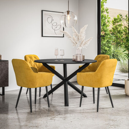 Malvern Round Dining Table And Chairs - Black Table Top w Solid Black Oak Legs + Anika Velvet Dining Chair Set Of 4 (Mustard)