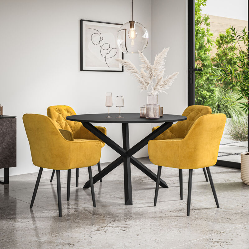 Malvern Round Dining Table And Chairs - Black Table Top w Solid Black Oak Legs + Anika Velvet Dining Chair Set Of 4 (Mustard)