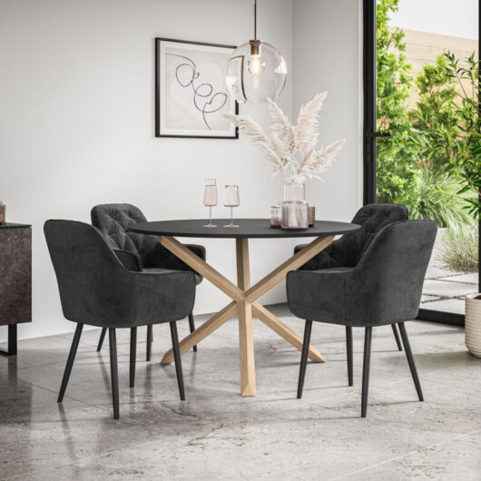 Malvern Round Dining Table And Chairs - Black Table Top w Solid Oak Legs + Anika Velvet Dining Chair Set Of 4 (Black)