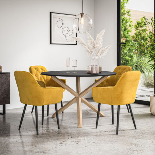 Malvern Round Dining Table And Chairs - Black Table Top w Solid Oak Legs + Anika Velvet Dining Chair Set Of 4 (Mustard)