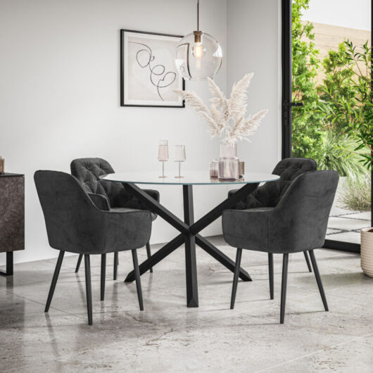 Malvern Round Dining Table And Chairs - Clear Glass Table Top w Solid Black Oak Legs + Anika Velvet Dining Chair Set Of 4 (Black)