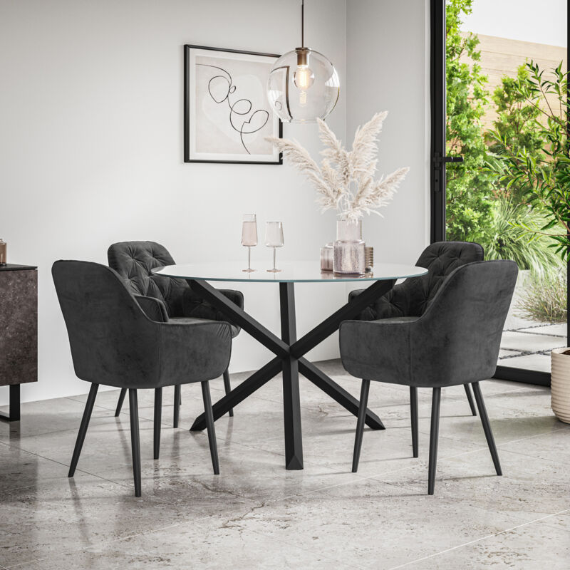 Malvern Round Dining Table And Chairs - Clear Glass Table Top w Solid Black Oak Legs + Anika Velvet Dining Chair Set Of 4 (Black)