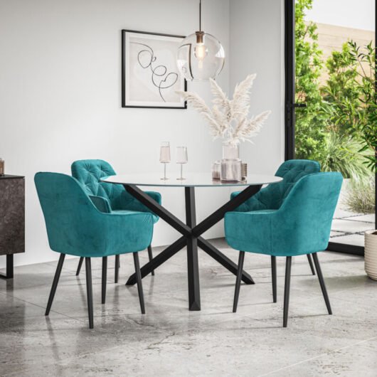 Malvern Round Dining Table And Chairs - Clear Glass Table Top w Solid Black Oak Legs + Anika Velvet Dining Chair Set Of 4 (Blue)