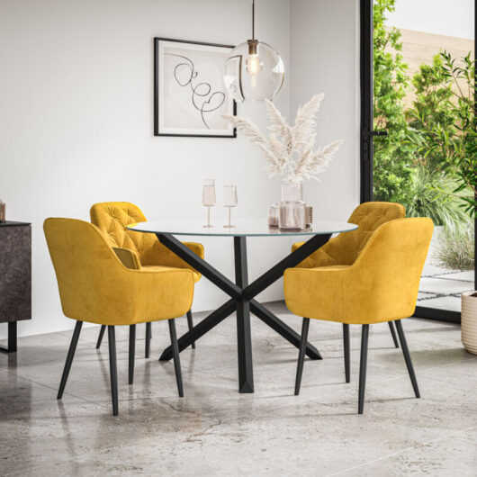Malvern Round Dining Table And Chairs - Clear Glass Table Top w Solid Black Oak Legs + Anika Velvet Dining Chair Set Of 4 (Mustard)