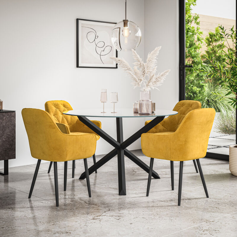 Malvern Round Dining Table And Chairs - Clear Glass Table Top w Solid Black Oak Legs + Anika Velvet Dining Chair Set Of 4 (Mustard)