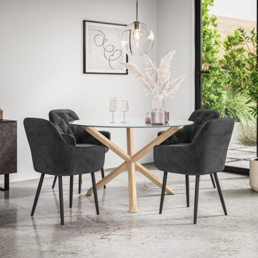 Malvern Round Dining Table And Chairs - Clear Glass Table Top w Solid Oak Legs + Anika Velvet Dining Chair Set Of 4 (Black)