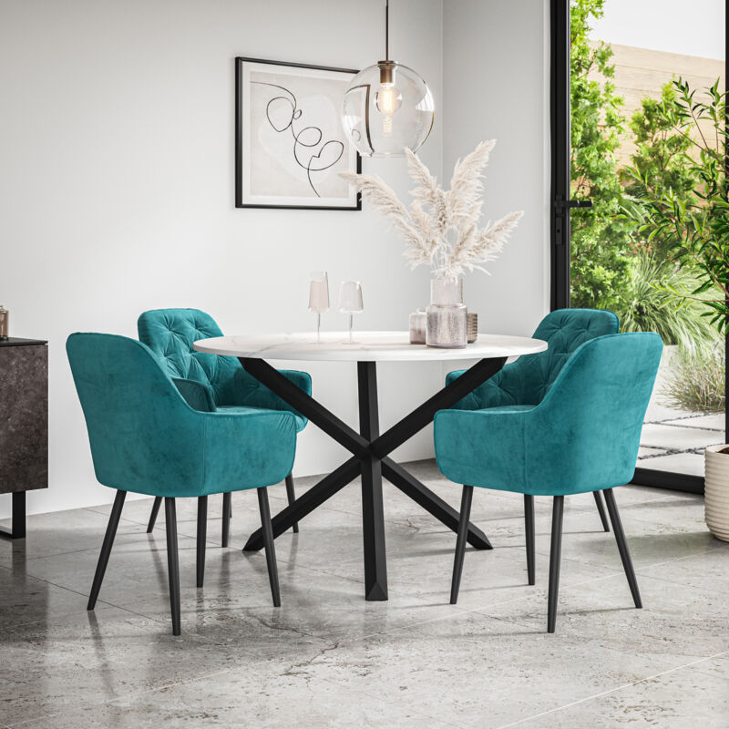 Malvern Round Dining Table And Chairs - Marble Table Top w Solid Black Oak Legs + Anika Velvet Dining Chair Set Of 4 (Blue)
