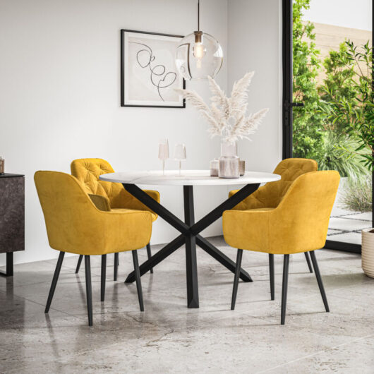 Malvern Round Dining Table And Chairs - Marble Table Top w Solid Black Oak Legs + Anika Velvet Dining Chair Set Of 4 (Mustard)