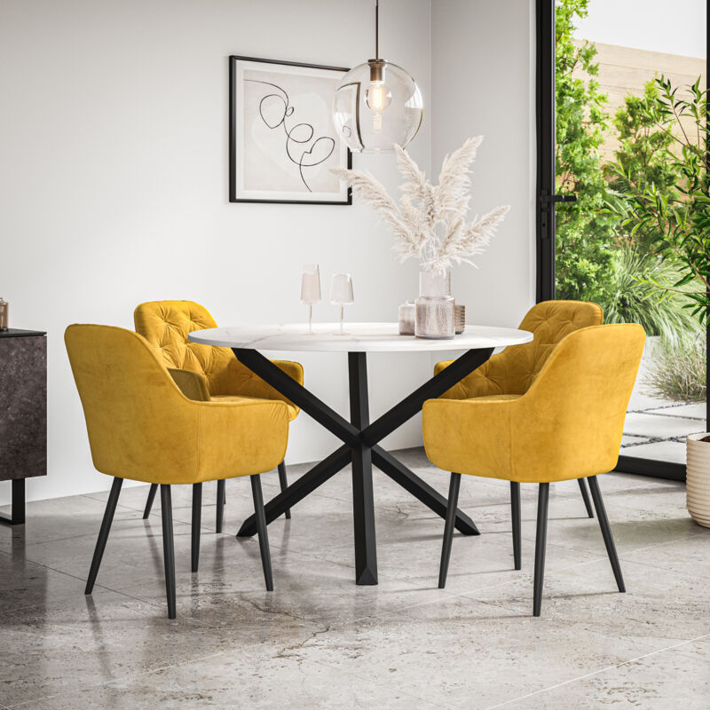 Malvern Round Dining Table And Chairs - Marble Table Top w Solid Black Oak Legs + Anika Velvet Dining Chair Set Of 4 (Mustard)