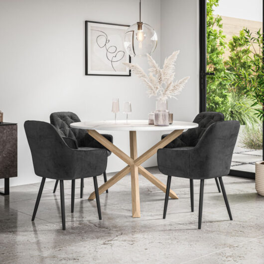 Malvern Round Dining Table And Chairs - Marble Table Top w Solid Oak Legs + Anika Velvet Dining Chair Set Of 4 (Black)
