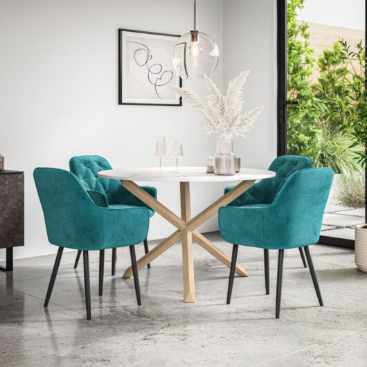 Malvern Round Dining Table And Chairs - Marble Table Top w Solid Oak Legs + Anika Velvet Dining Chair Set Of 4 (Blue)