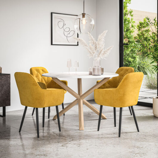 Malvern Round Dining Table And Chairs - Marble Table Top w Solid Oak Legs + Anika Velvet Dining Chair Set Of 4 (Mustard)