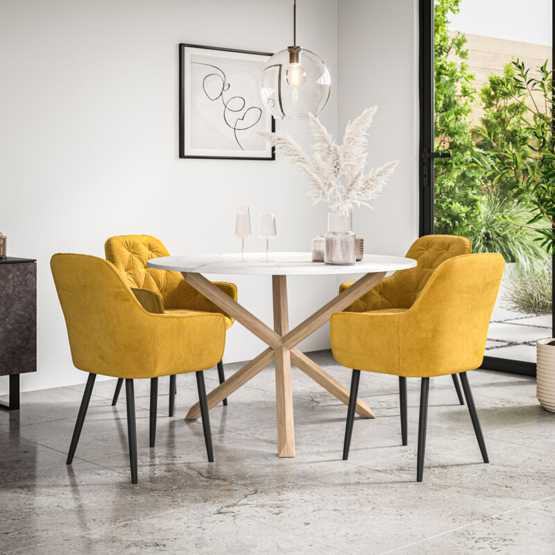 Malvern Round Dining Table And Chairs - Marble Table Top w Solid Oak Legs + Anika Velvet Dining Chair Set Of 4 (Mustard)