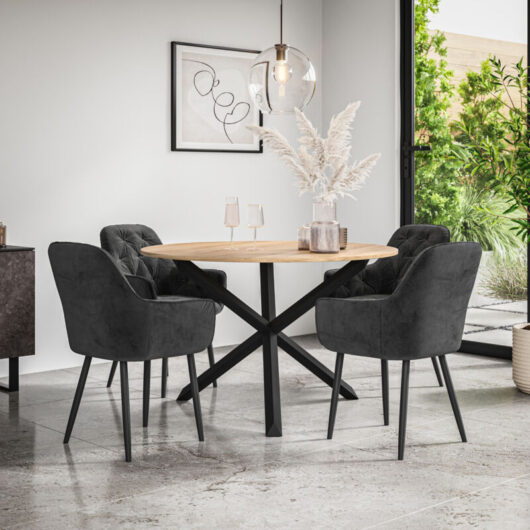 Malvern Round Dining Table And Chairs - Oak Table Top w Solid Black Oak Legs + Anika Velvet Dining Chair Set Of 4 (Black)