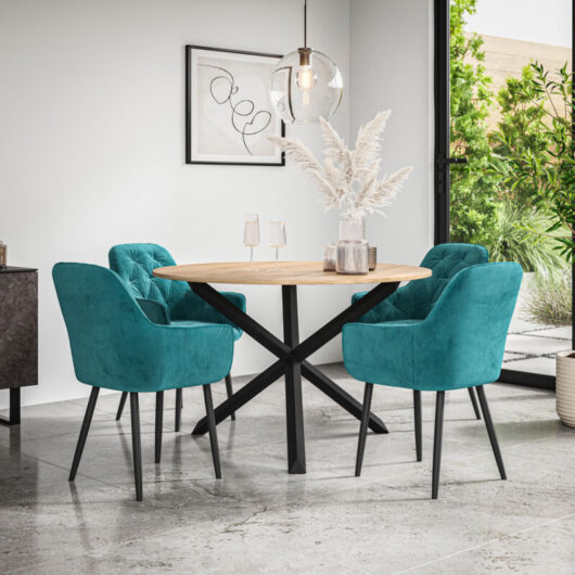 Malvern Round Dining Table And Chairs - Oak Table Top w Solid Black Oak Legs + Anika Velvet Dining Chair Set Of 4 (Blue)