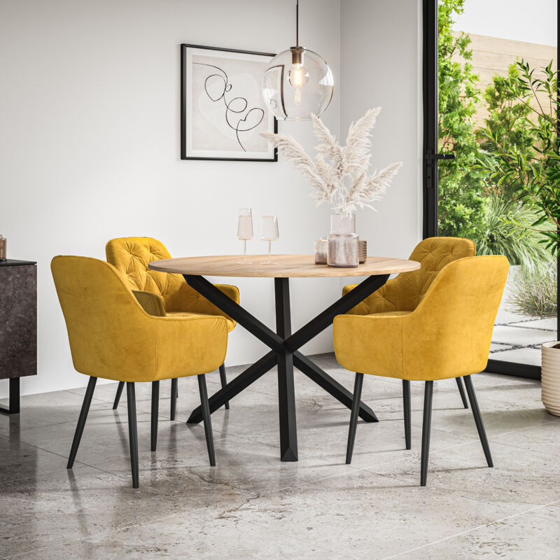 Malvern Round Dining Table And Chairs - Oak Table Top w Solid Black Oak Legs + Anika Velvet Dining Chair Set Of 4 (Mustard)